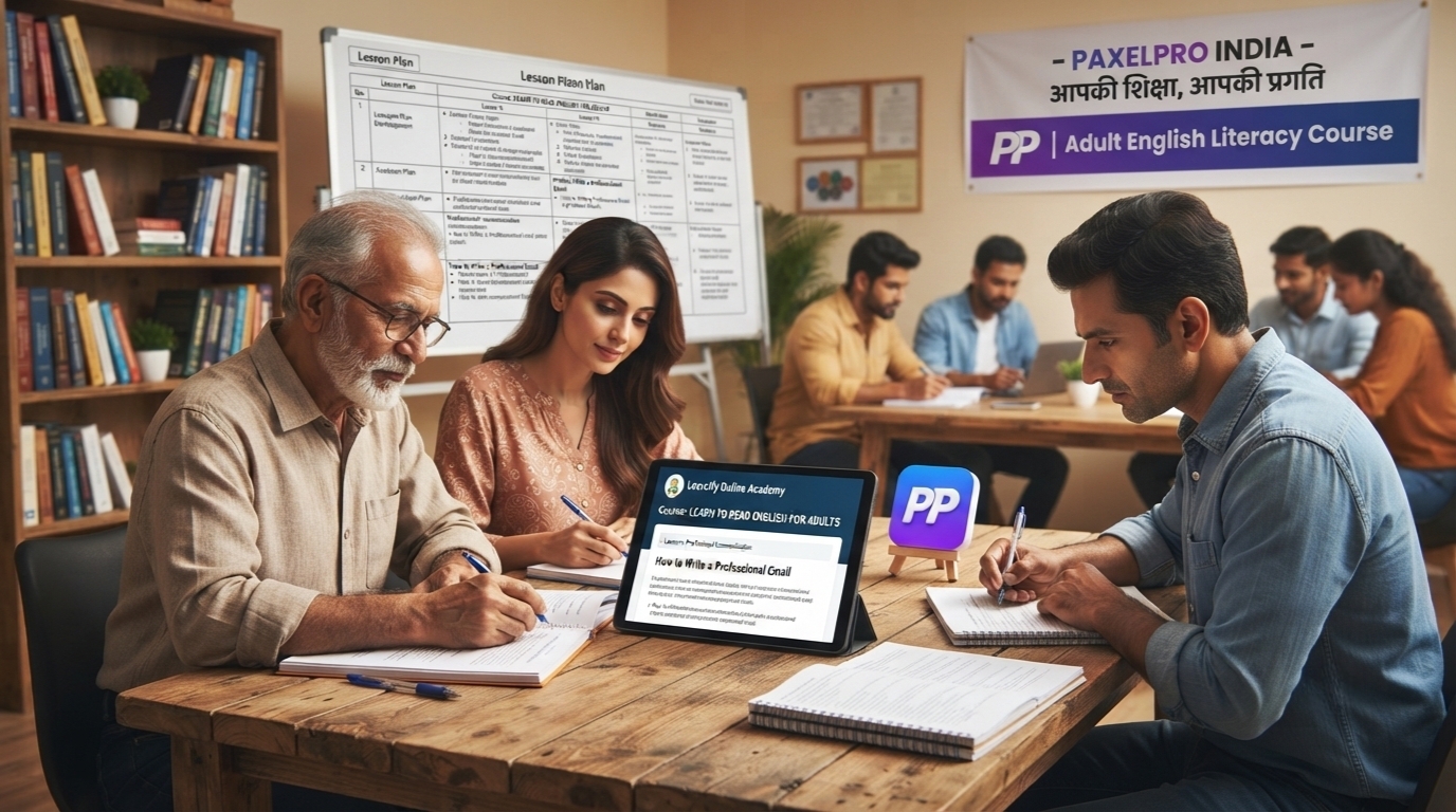 Screenshot of the PaxelPro English Learning Course website, showing various online learning modules and a banner that re (1)