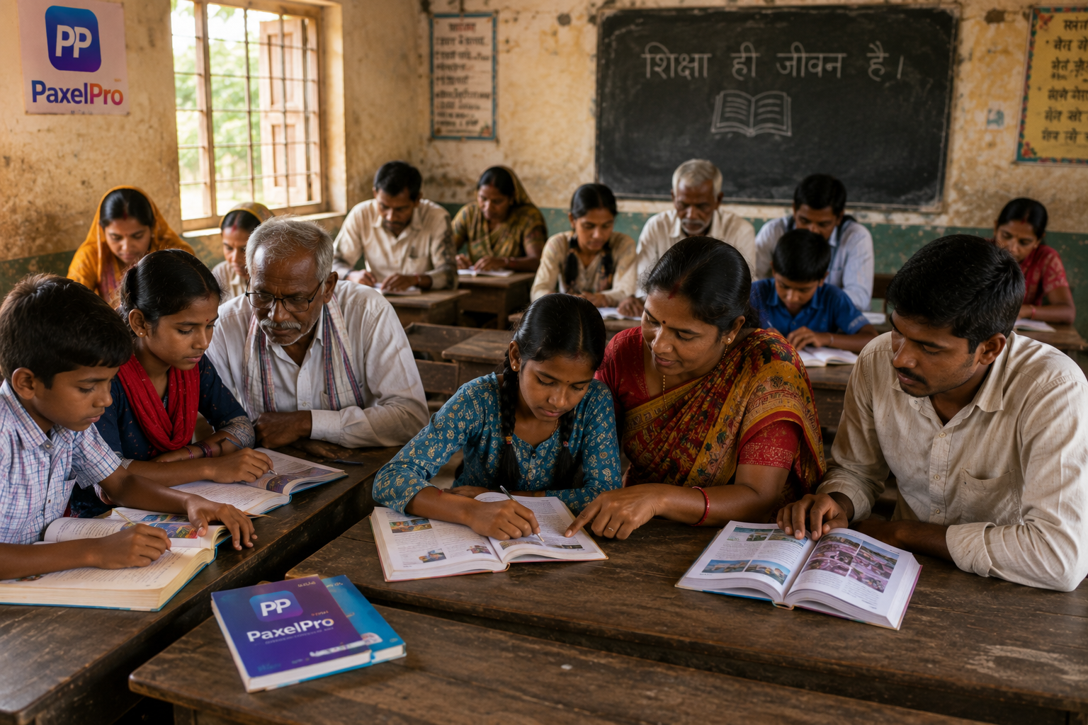 A person reading an English book with a 'PaxelPro' logo subtly in the background, suggesting ease and progress in learni (2)