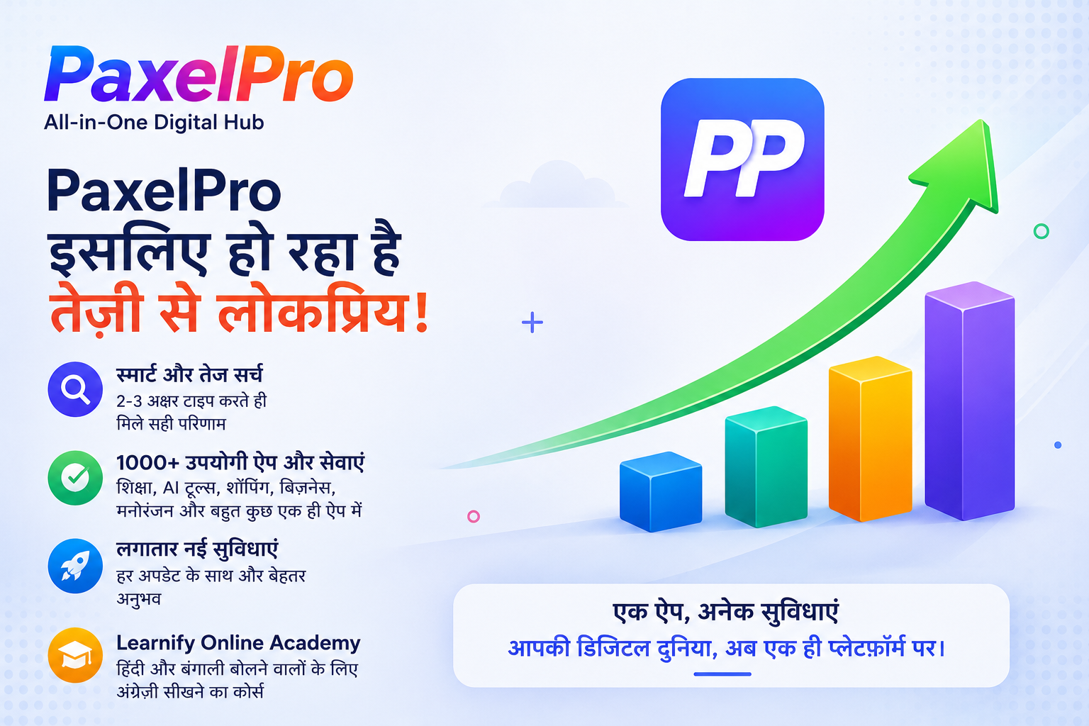 PaxelPro mobile app interface showing various digital services icons such as education, AI tools, business, and entertai (1)