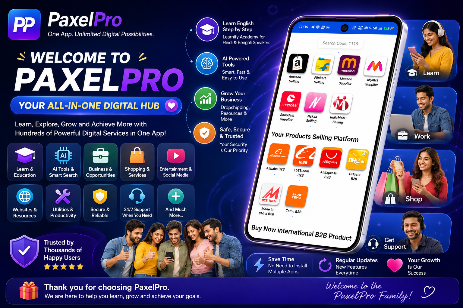 A welcoming graphic for PaxelPro, showcasing various digital tools and services like AI, e-commerce, and learning platfo (1)
