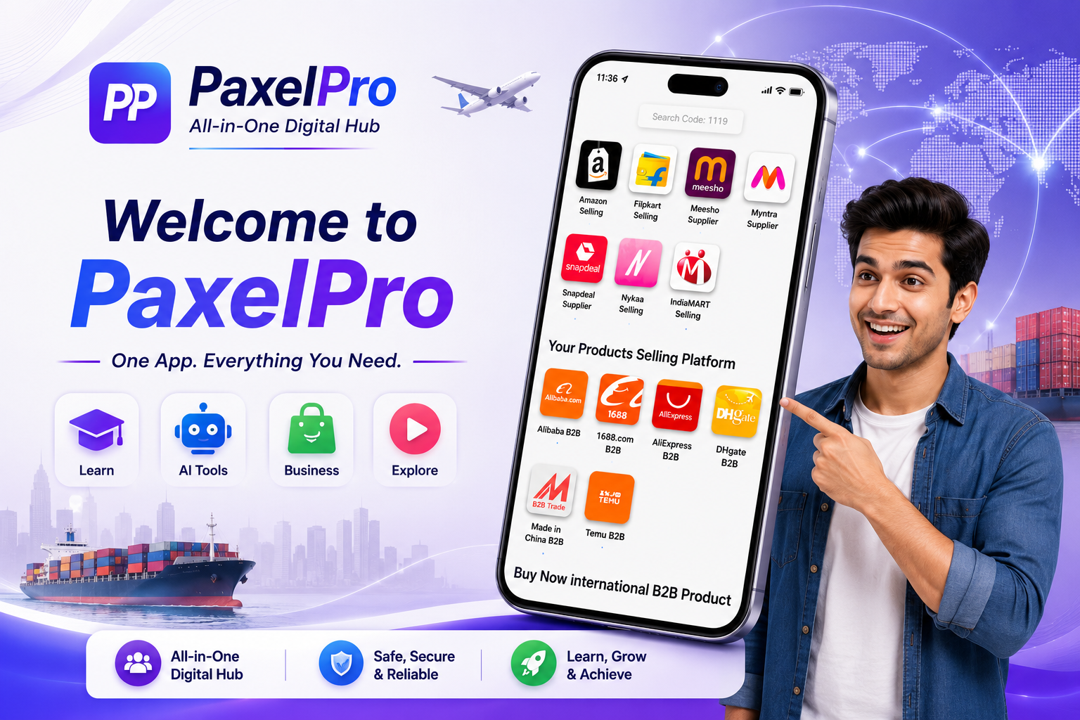 A welcoming graphic for PaxelPro, showcasing various digital tools and services like AI, e-commerce, and learning platfo (2)