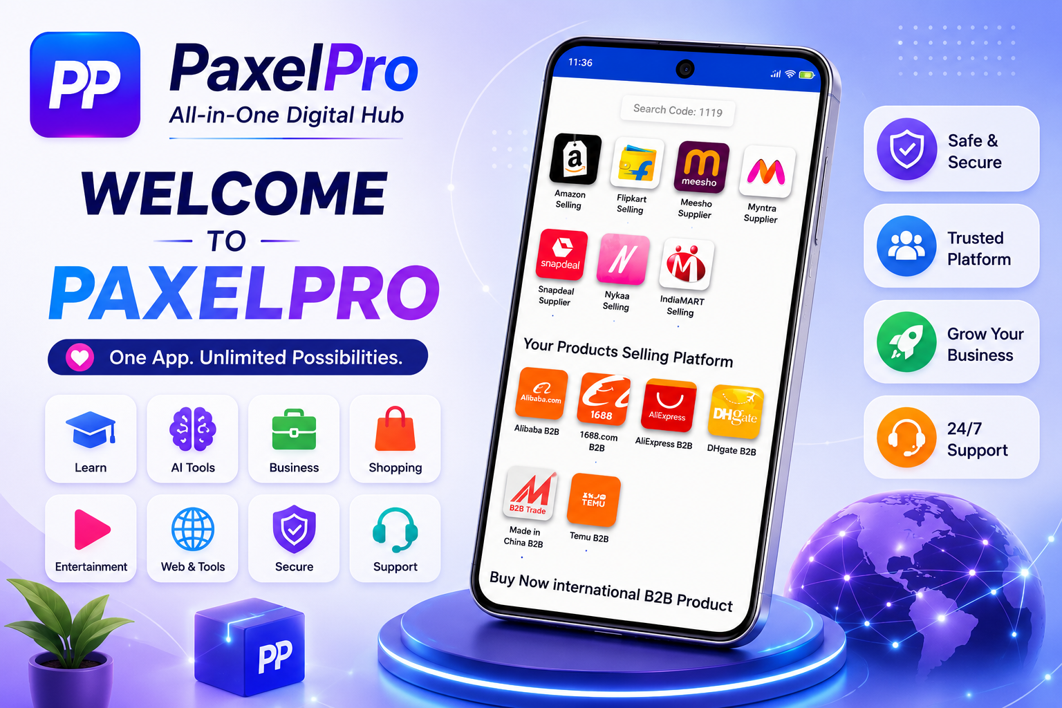 A welcoming graphic for PaxelPro, showcasing various digital tools and services like AI, e-commerce, and learning platfo (3)